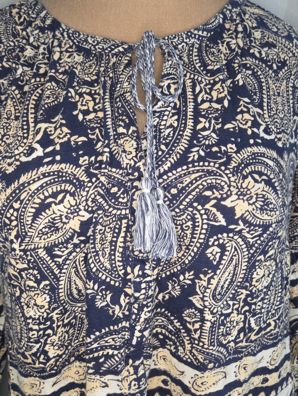 Lucky Brand M Medium Boho Paisley Tie-Neck Peasant Blouse - Navy/Cream
